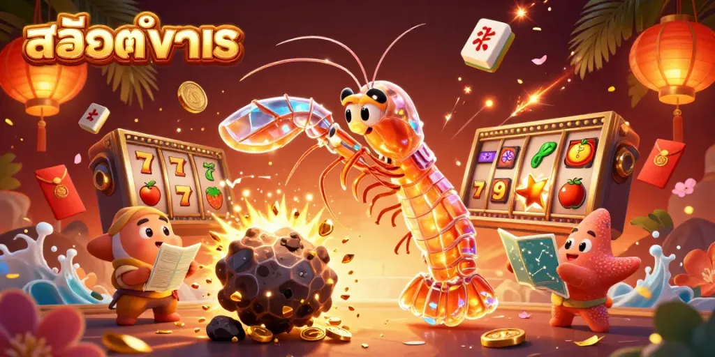 Experience the excitement of สล็อตทดลอง with vibrant characters and slot elements in a dynamic 3D illustration.