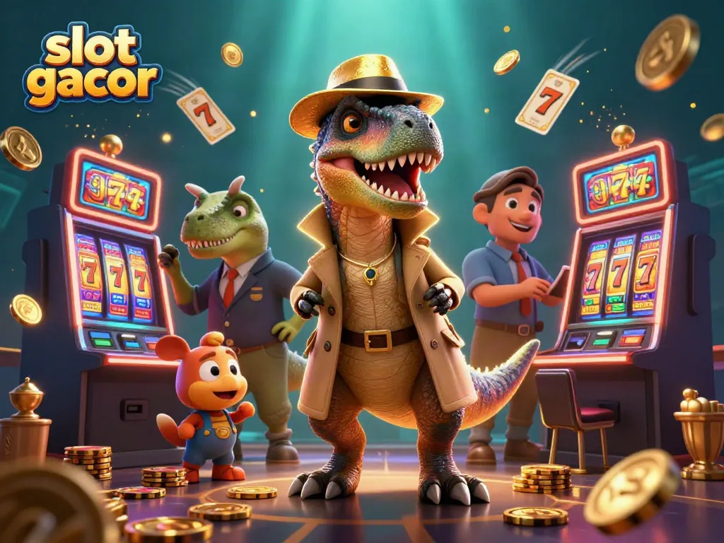 Experience thrilling slot gacor action with playful dinosaurs at a vibrant casino setting.