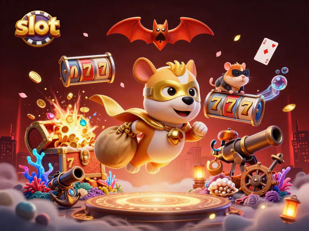 Putar slot dengan karakter lucu dan simbol jackpot yang menghiasi ilustrasi kasino.