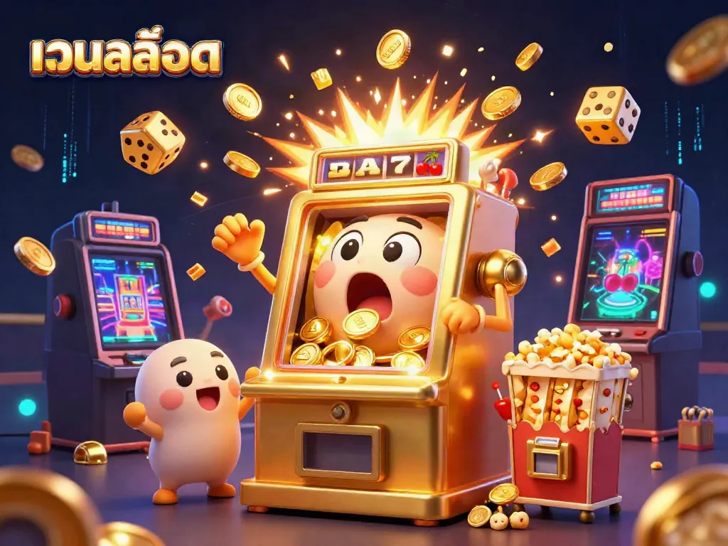 Watch the exciting เว็บสล็อต jackpot reveal as a golden slot machine wins with abundant coins pouring out!