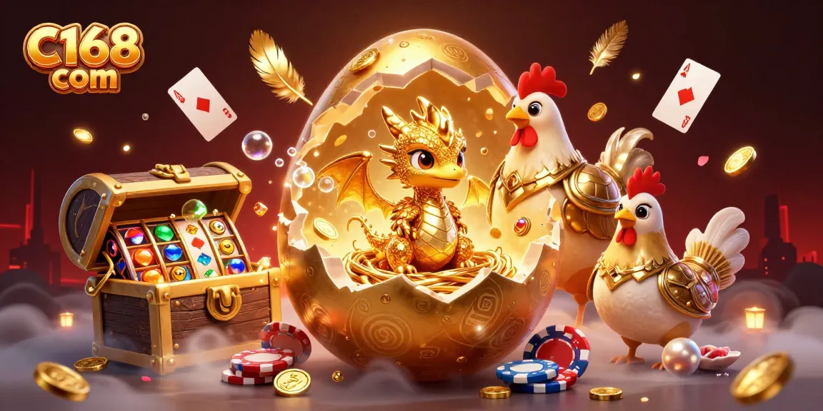 Win big at C168 com with this vibrant slots-themed illustration featuring colourful golden treasures.