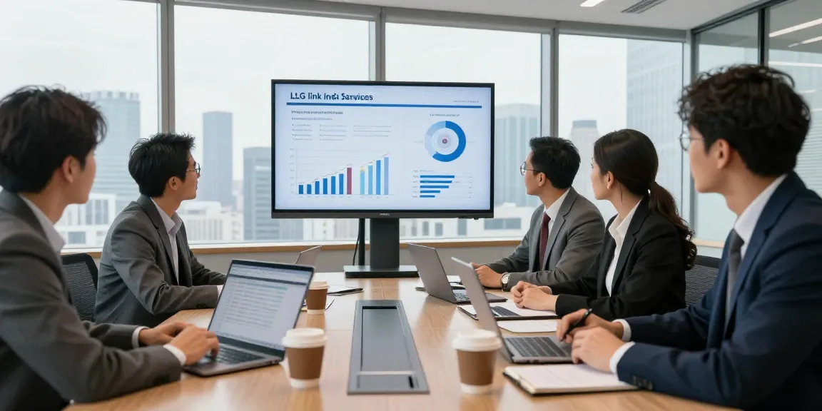 Team discussing LLG link indx services in modern conference room focused on analytics.
