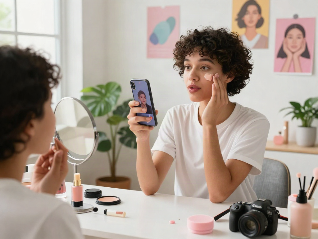 Young adult reflecting on how old do I look while exploring beauty and skincare routines in a bright, modern studio.