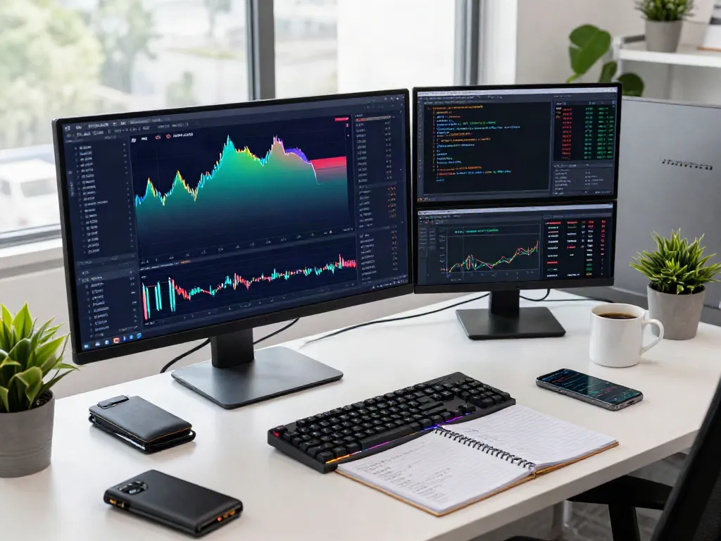 Dynamic workspace displaying stock API JavaScript usage with cryptocurrency trading charts and integration setup.