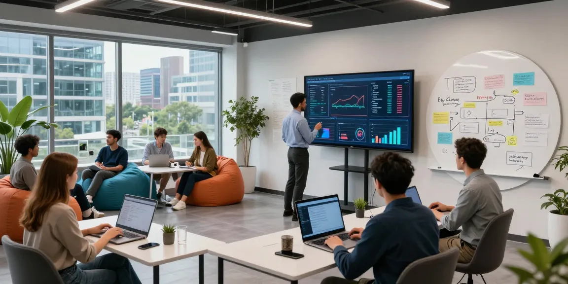 Collaborative team of developers using crush ai in innovative tech workspace with dynamic graphs.