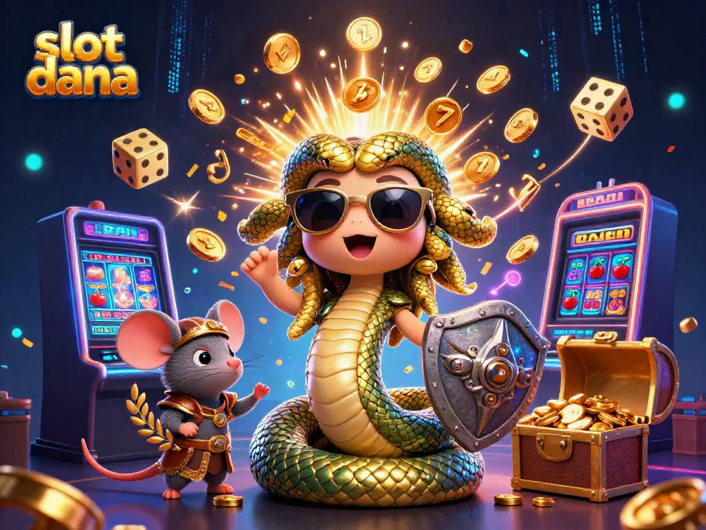 Mainkan slot dana yang beruntung dengan ilustrasi menarik, mesin slot, dan simbol keberuntungan.