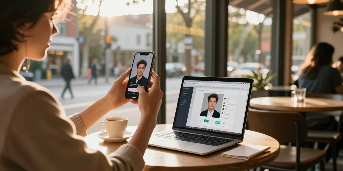 Celebrity I look like finder in action as a person uploads a selfie at a café.