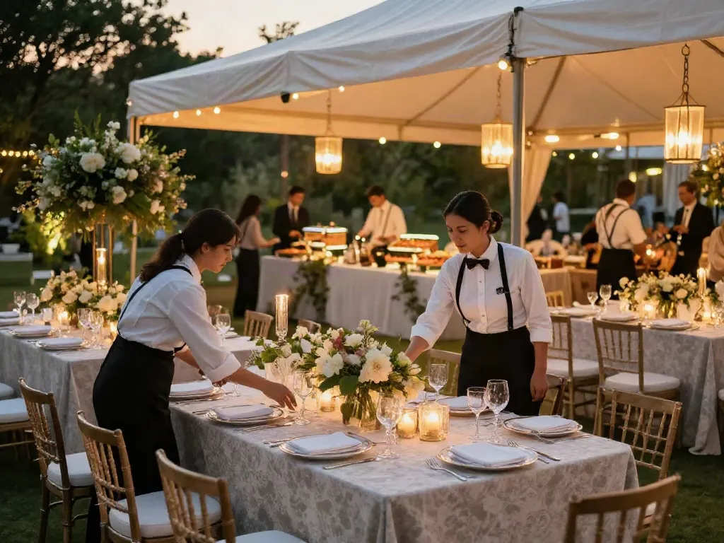 Event furniture rental beautifully arranged in an outdoor setting with elegant tables and decor.