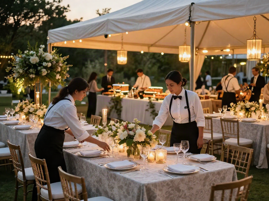 Event furniture rental beautifully arranged in an outdoor setting with elegant tables and decor.