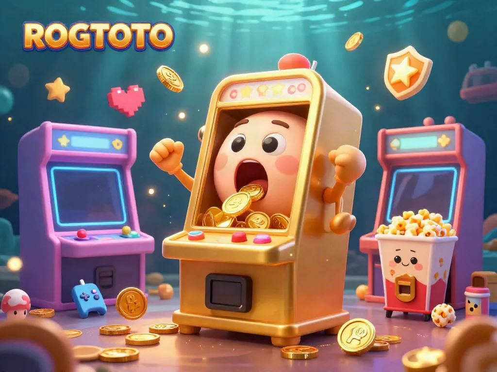 ROGTOTO menyediakan pengalaman menarik dengan mesin slot emas yang terkejut saat jackpot keluar, dikelilingi oleh mesin kecil yang bersorak.