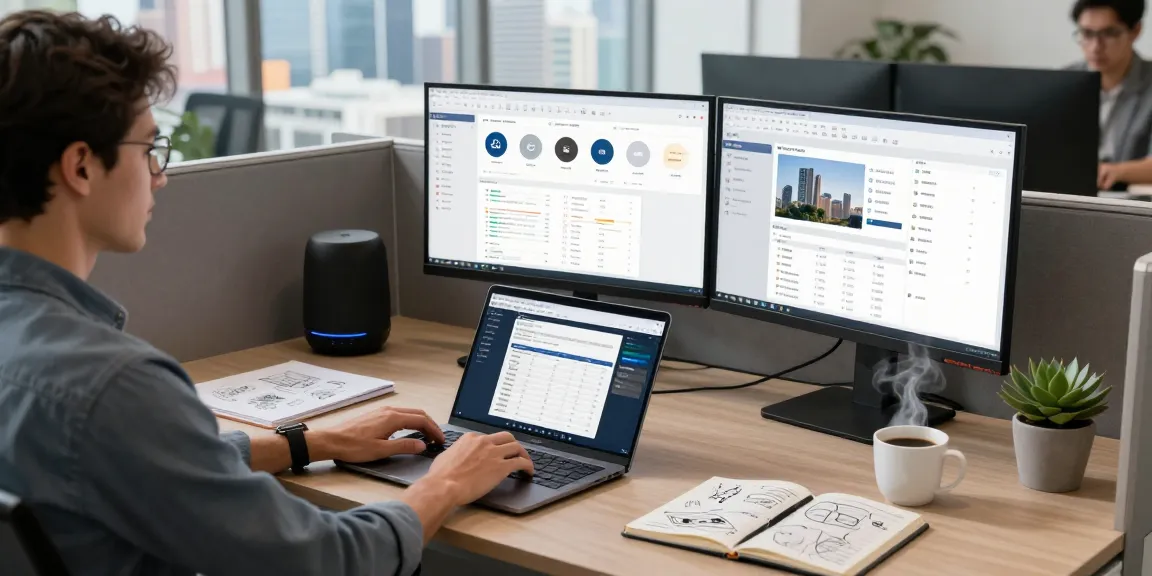 Dynamic workspace showcasing AI productivity tools on modern laptops and collaborative screens.