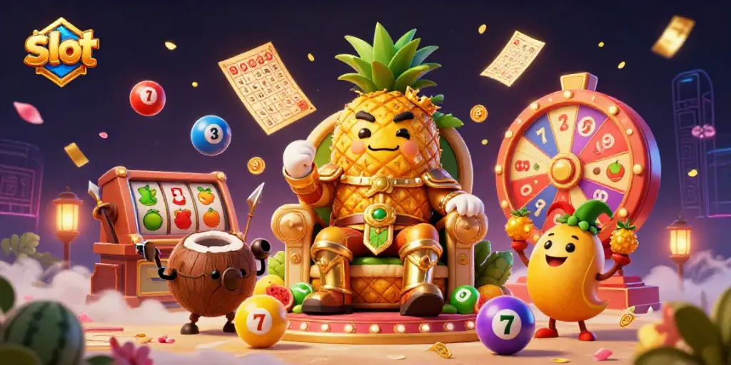 Experience the excitement of slots with colorful slot balls bouncing around the golden pineapple king in a dazzling 3D beach casino.