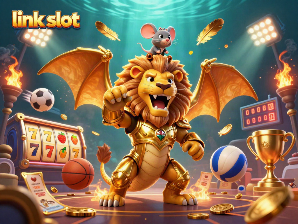 Explore link slot strategies with a triumphant chimera and exciting slot elements in a vibrant 3D scene.
