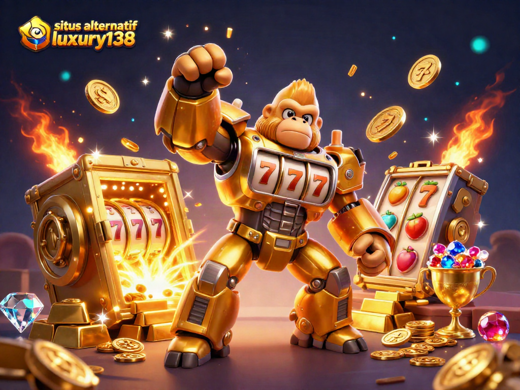 Kegiatan di situs alternatif luxury138 dengan gorila emas transformer dan mesin slot yang berkilauan