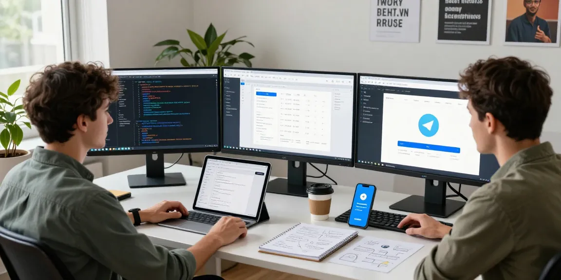 teiegramin.com software development workspace with coding on multiple screens and tech gadgets