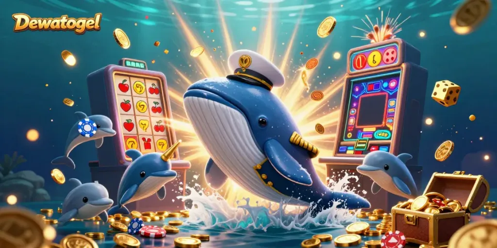 Dewatogel brings luck with a cartoon whale and dolphins enjoying a jackpot of coins.
