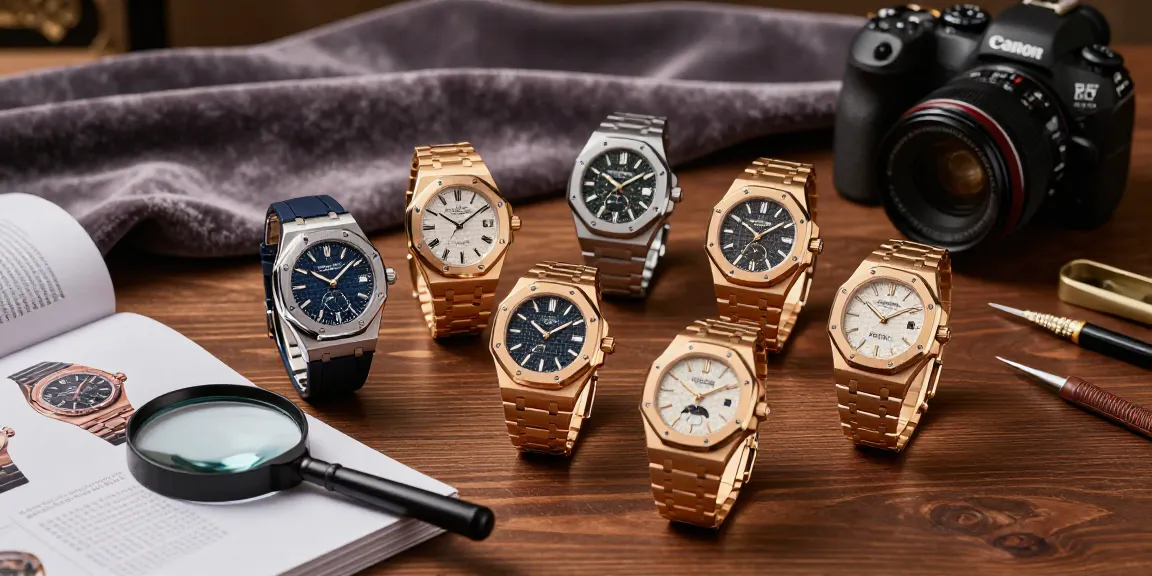Showcasing luxury replica watches on a wooden table, highlighting craftsmanship and detail.