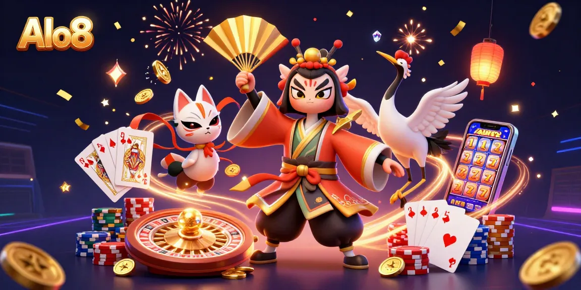Alo8 showcases a vibrant casino scene with characters, jewels, and playful elements celebrating gaming.