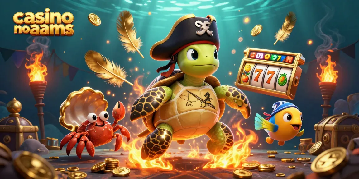 Vivi l'emozione del casino non aams con una tartaruga pirata che fluttua sopra i rulli delle slot e il tesoro.
