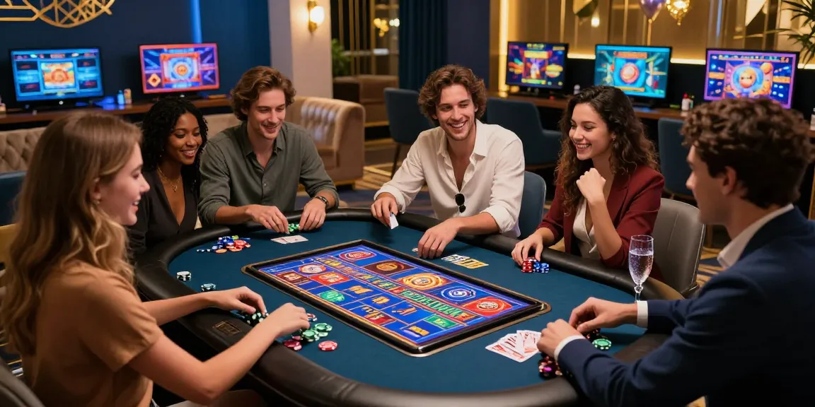Groupe d'amis profitant des jeux de casino en ligne sur une tablette dans un salon animé.