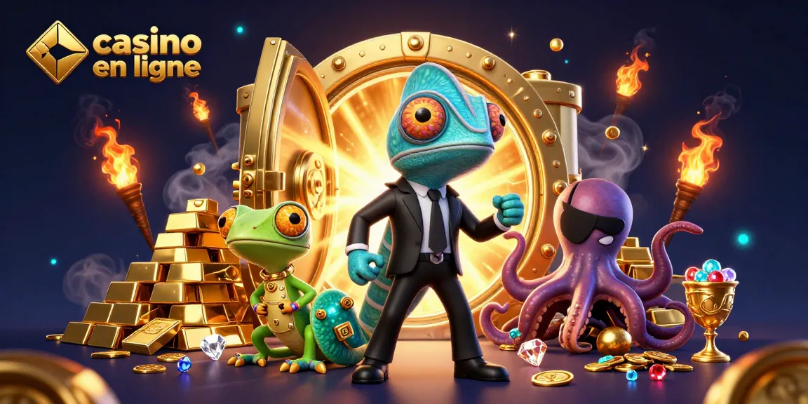 Engagez-vous avec le casino en ligne dans cette scène dynamique mettant en vedette un caméléon agent secret, un gecko technologique et un poulpe maléfique.