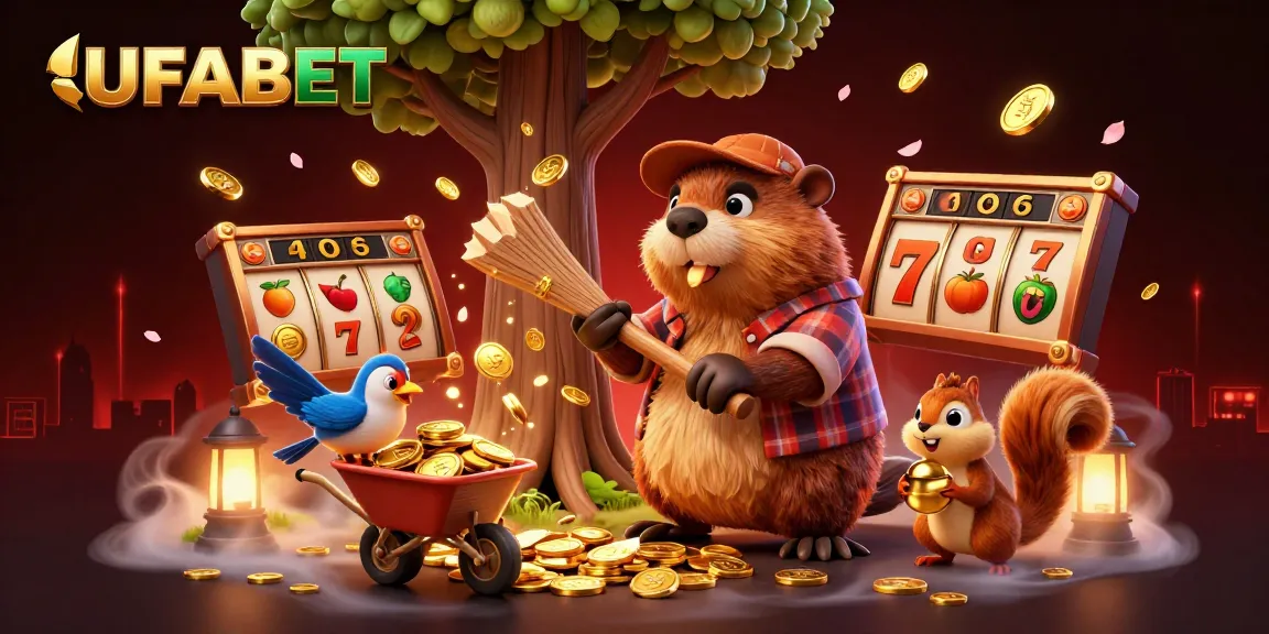 Win big with UFABET as a cartoon beaver chops a tree raining golden coins in a vibrant casino scene.