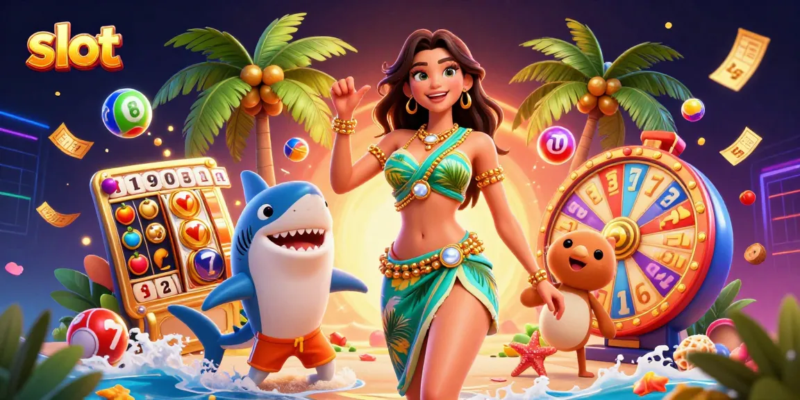 Engage with exciting slot games in this vibrant illustration featuring dynamic elements and a beach goddess.