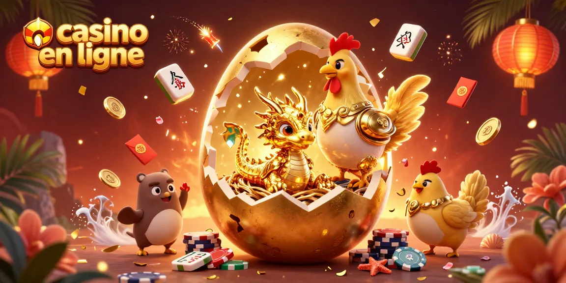 Profitez des jeux captivants du casino en ligne avec un dragon doré et des jetons de poker.