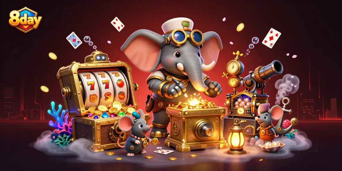 Experience thrilling slots with 8day's steampunk theme, featuring a magical scene of wins and treasures.