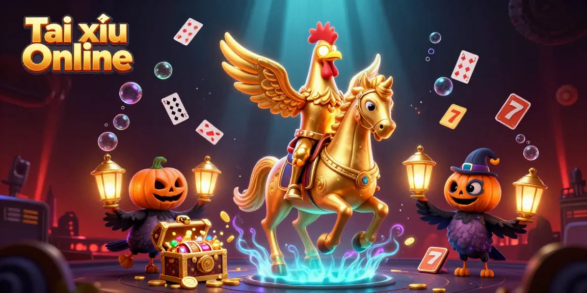 Experience Tài xỉu Online with thrilling gameplay as a golden rooster and spectral horse navigate a vibrant casino environment.