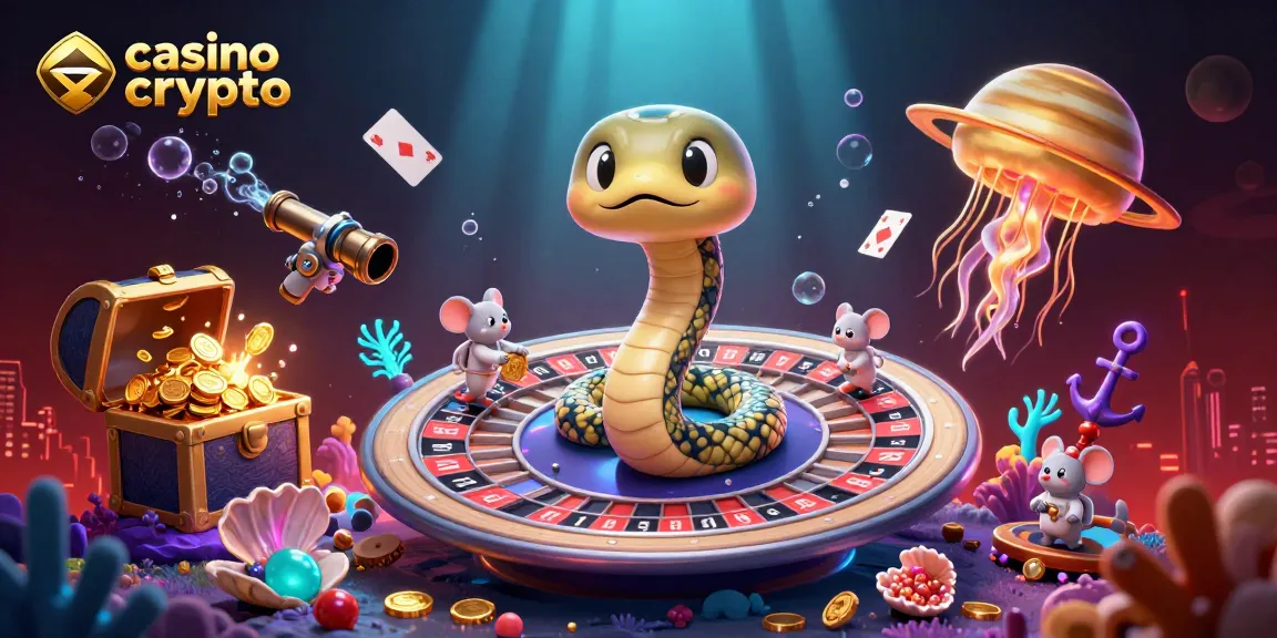 Giocatori scommettono nel casino crypto con un serpente Saturno e un medusa dorata, circondati da emozionanti elementi di gioco.