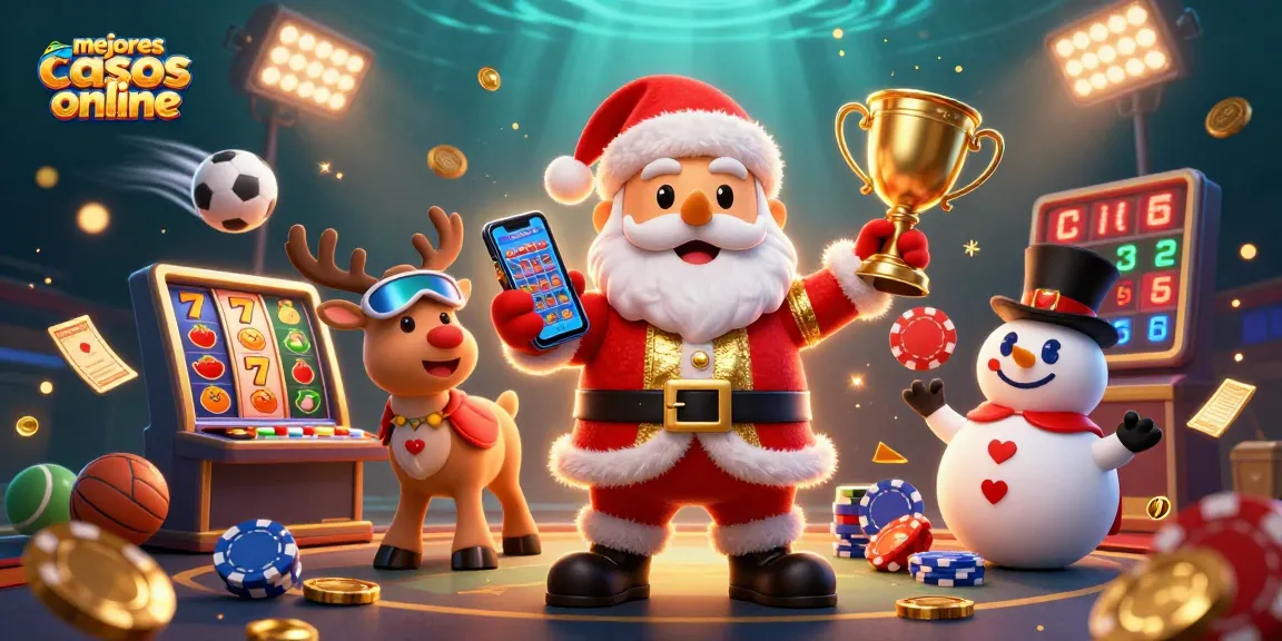 Ilustración 3D de los mejores casinos online, con Santa, reno y muñeco de nieve en un entorno lleno de slots y elementos de casino.