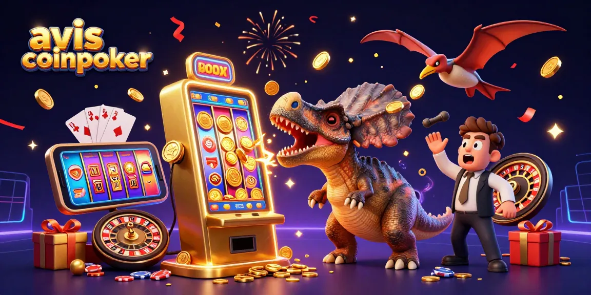 Avis coinpoker : un pachycephalosaurus frappant une machine à sous dorée avec des pièces issues du jackpot volantes