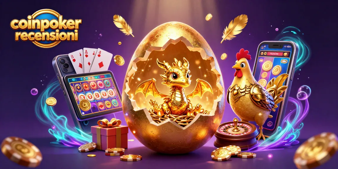 Scopri le recensioni di CoinPoker mentre un drago d'oro emerge da un uovo tra fiches e slot game.