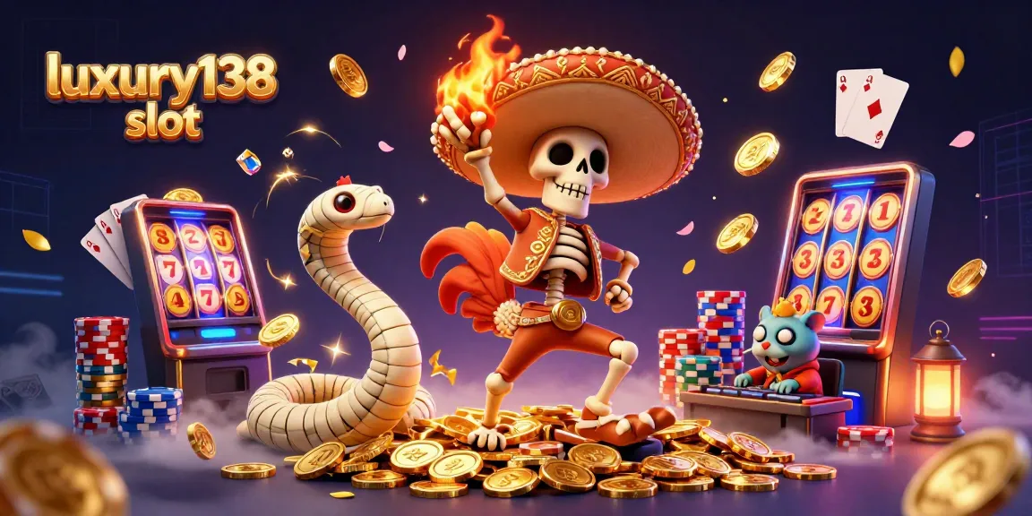 Spin to win big with luxury138 slot as a cartoon mariachi skeleton celebrates alongside vibrant casino elements.