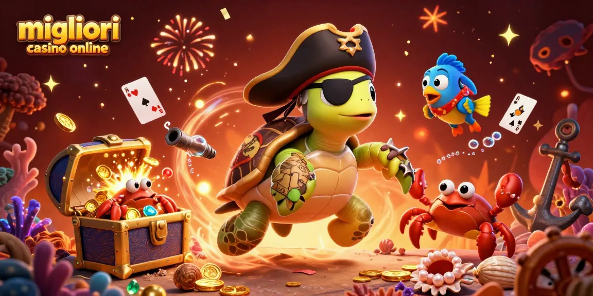 Vivi l'emozione nei migliori casino online con un'illustrazione vivace di una tartaruga alla ricerca di tesori e amici.