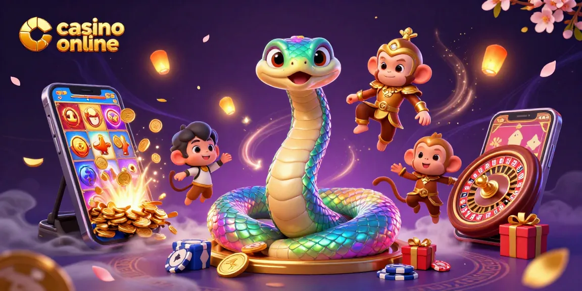 Scopri il mondo del casino online con un serpente arcobaleno e un re scimmia in un'illustrazione vibrante.