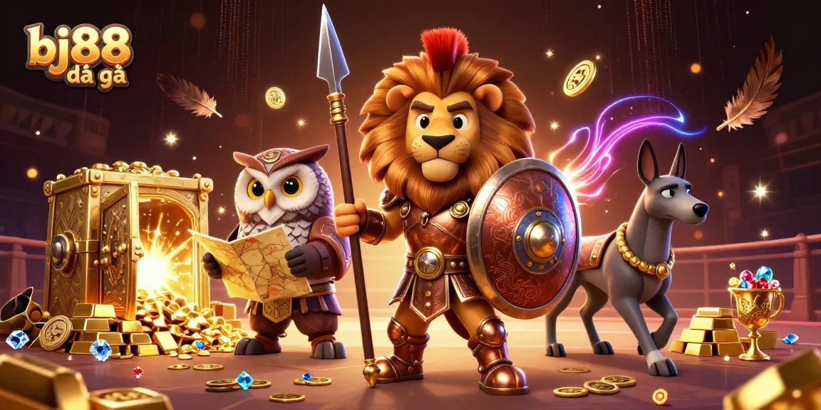 Experience thrilling bj88 đá gà action with Spartan lion, owl strategist, and golden treasures in dynamic fight scene.