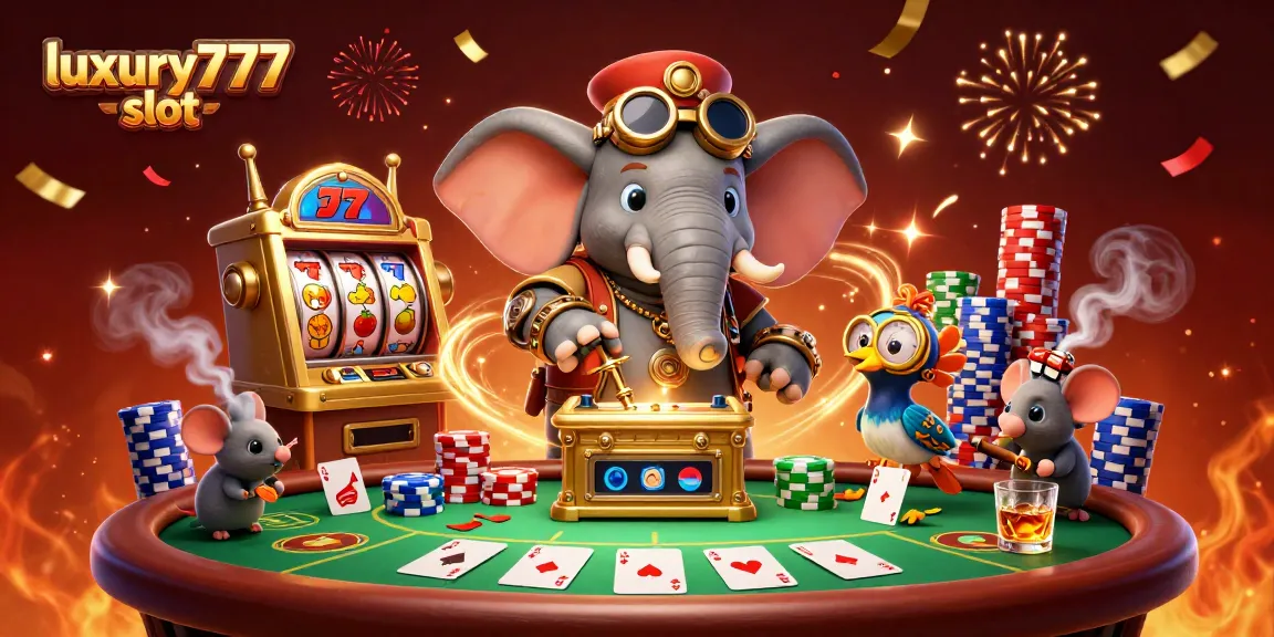 Engage with luxury777 slot in a festive scene featuring a steampunk elephant and vibrant casino elements.