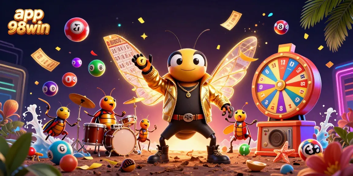 Experience the excitement of app 98win with vibrant lottery balls, dynamic elements, and a colorful 3D casino scene.