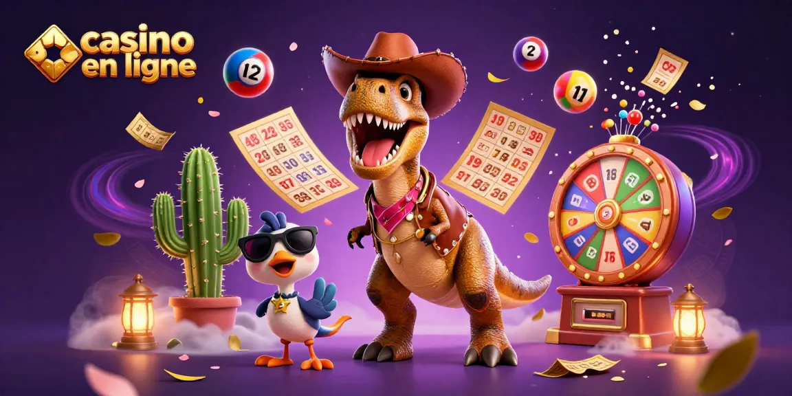 Jouer sur casino en ligne avec une illustration dynamique animée mettant en vedette un dinosaure cowboy et des jeux de loterie colorés.