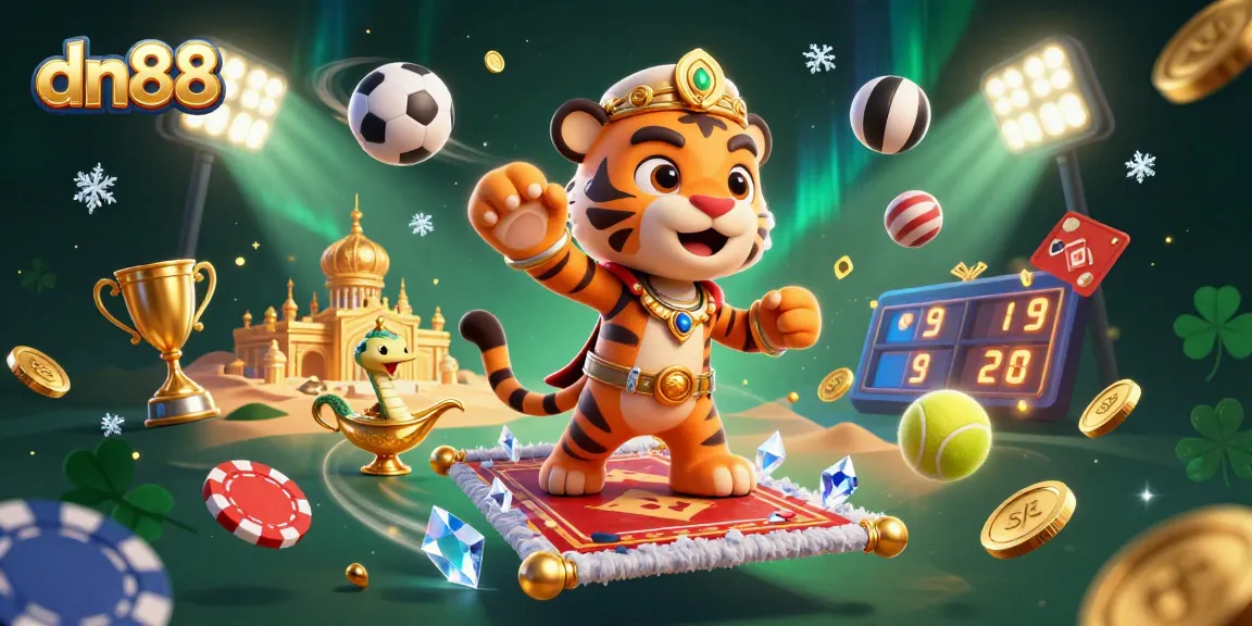 Experience the thrill of dn88 gaming with an enchanting illustration featuring a tiger sultan on a magic carpet and dynamic sports elements.