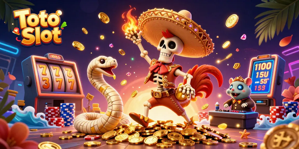 Toto Slot menghadirkan keseruan dengan ayam mariachi dan harta karun koin emas dalam ilustrasi 3D.
