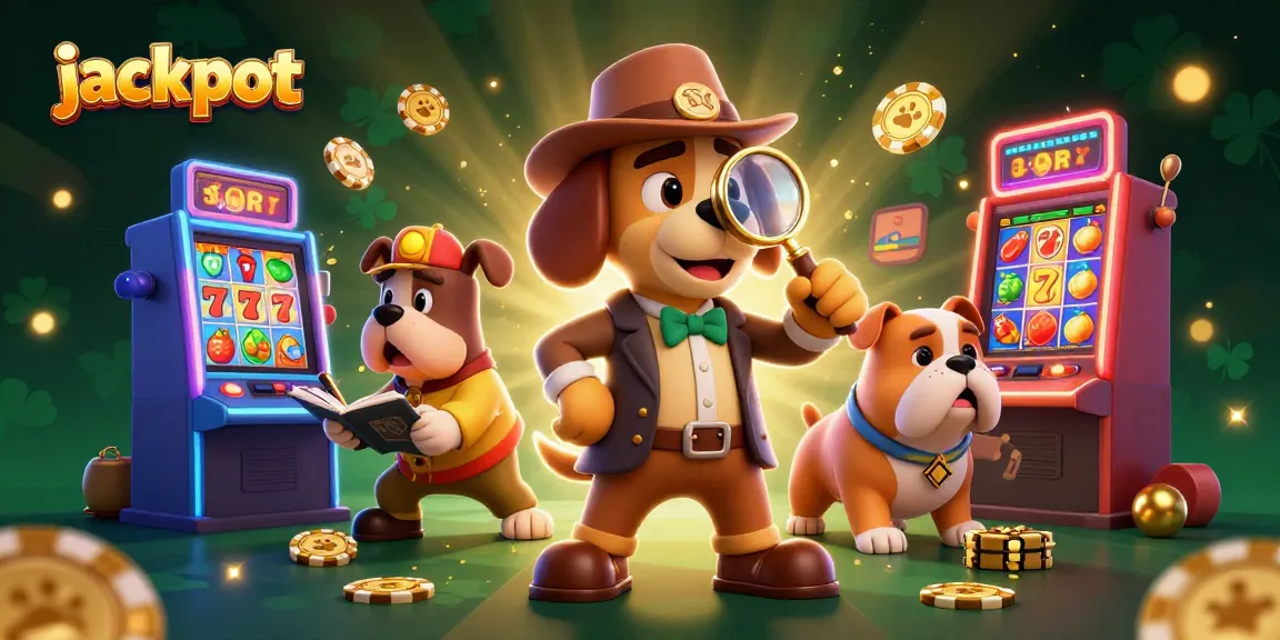Celebrate a jackpot win with a detective and bulldog surrounded by colorful casino slot elements.