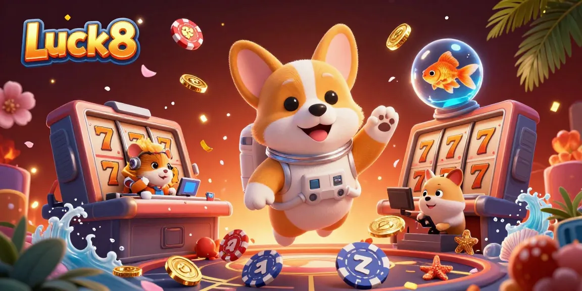 Engage in exciting gameplay at Luck8 with a vibrant casino scene featuring an astronaut corgi and dynamic gaming elements.