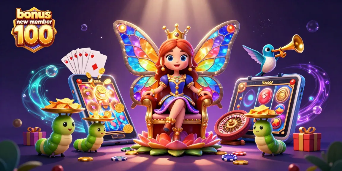 Spin to win at bonus new member 100 with the vibrant butterfly queen in a colorful casino scene.