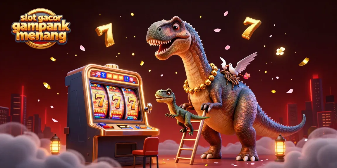 Engage with slot gacor gampang menang through a dynamic casino scene featuring a giant dinosaur and vibrant slot elements.