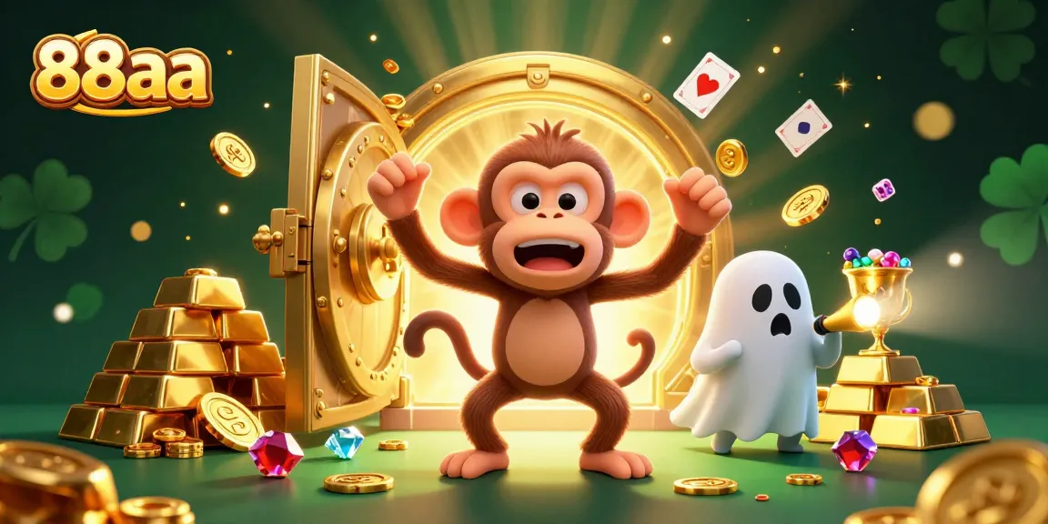 Engage with the thrilling ambience of 88aa's haunted casino, featuring a playful monkey and curious puppy amidst gold treasures.