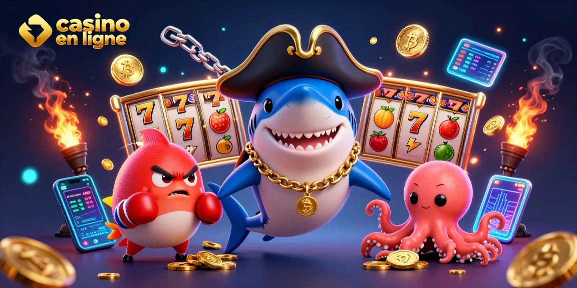 Jouez à des jeux de casino en ligne avec un requin pirate, un poisson-globe et une pieuvre tenant des pièces d'or.
