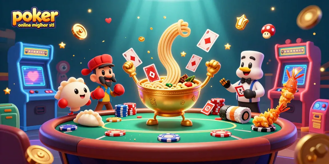 Scopri i migliori siti poker online in un'illustrazione vivace con personaggi cartoon e elementi di gioco unici.